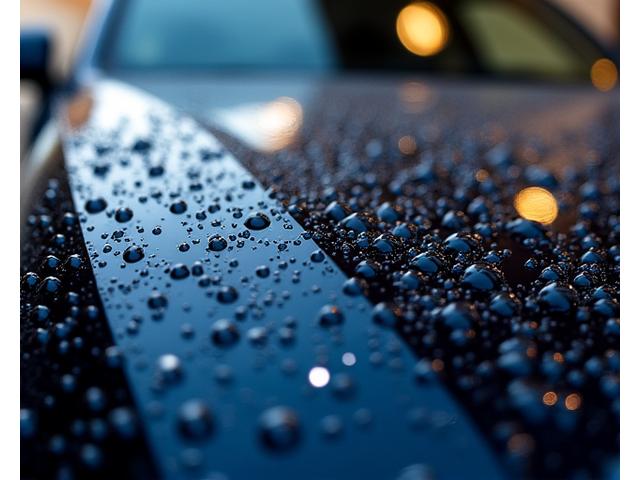 Hydrophobic effect of ceramic coating on a dark car, water beading perfectly
