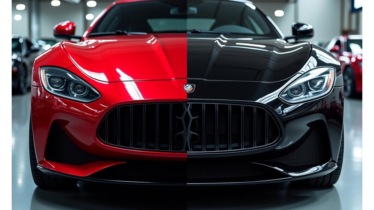 Split image showing a car paint before ceramic coating (dull) and after (high gloss)