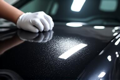 Professional applying ceramic coating with an applicator on a car's hood