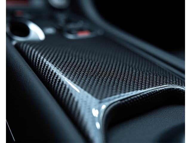 Close-up of custom carbon fiber interior trim in a modern vehicle.