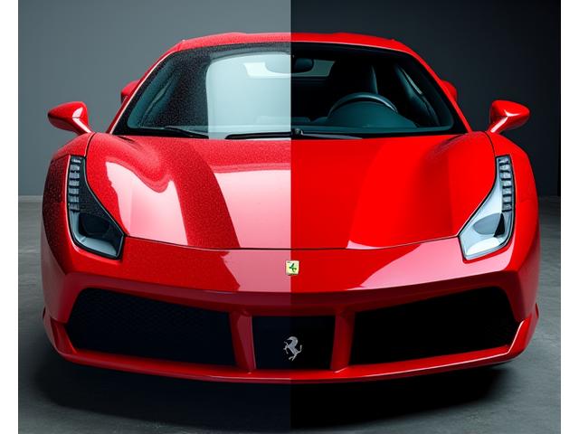 Before & After: A red sports car, half showing dull, dirty paint and the other half showing a vibrant, polished, mirror-like finish
