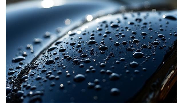 Water beading perfectly on a freshly waxed car surface, highlighting its hydrophobic properties and deep shine